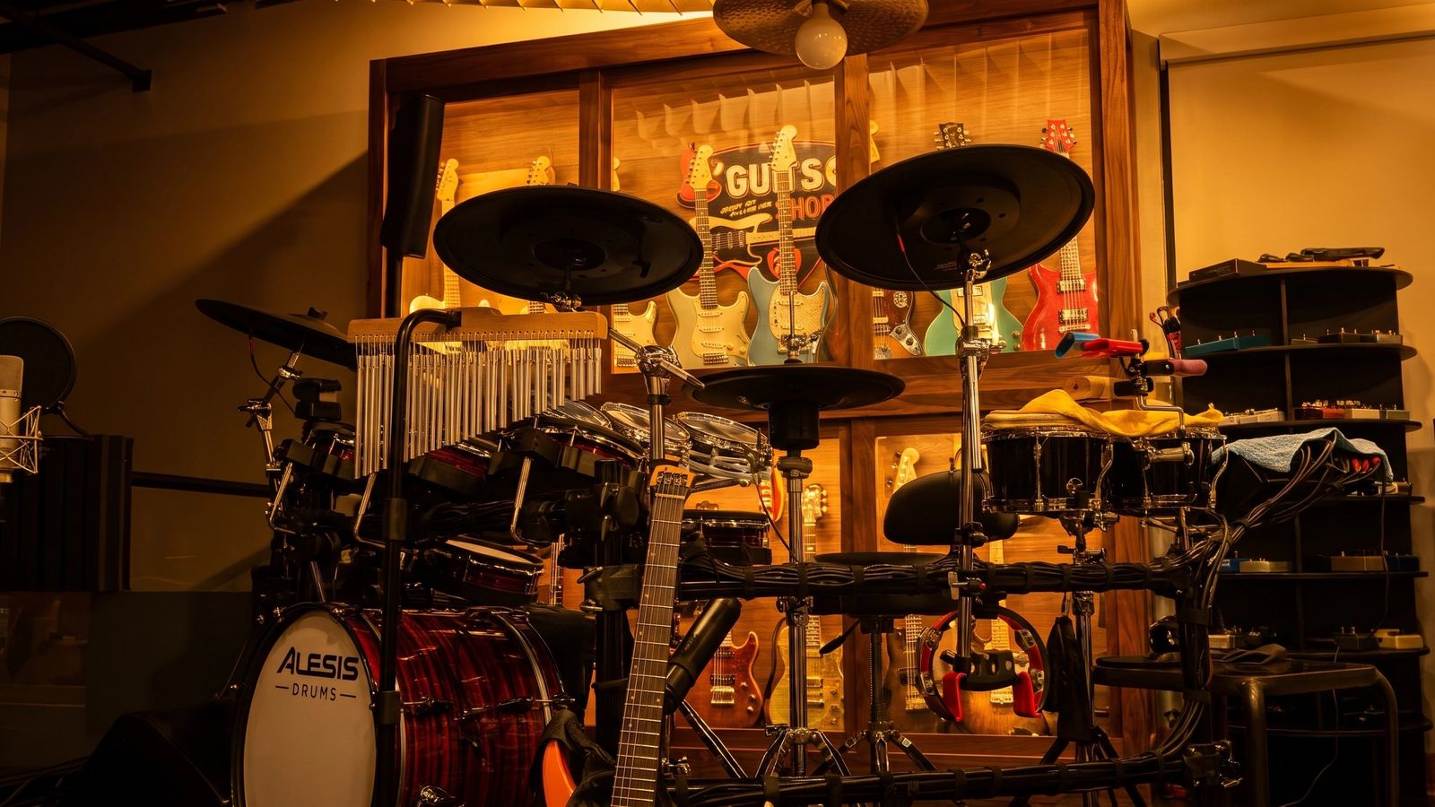 Kit, bass and amps in the studio